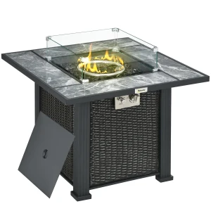 Outsunny Outdoor PE Rattan Gas Fire Pit Table, Square Patio Propane Heater with Marble Desktop, Rain Cover, Glass Windscreen, Glass Stones, Black