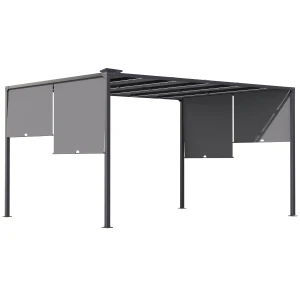 Outsunny 3m x 4m Metal Pergola with Retractable Roof, Outdoor Garden Pergola with LED Lights, Solar Powered, for BBQ,Â Lawn,Â Backyard, Dark Grey