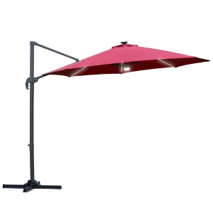 Outsunny 3(m) Cantilever Roma Parasol Adjustable Garden Sun Umbrella with LED Solar Light Cross Base 360Â° Rotating, Red