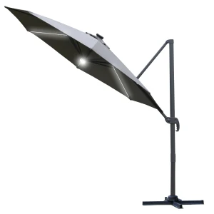 Outsunny Cantilever Roma Parasol with LED Solar Lights, Outdoor Sun Umbrella, 360Â° Rotating Cross Base, 3m, Grey