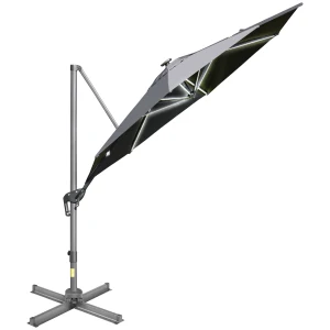 Outsunny Cantilever Roma Parasol with LED Solar Light, 3m Adjustable Garden Sun Umbrella, Rotating, Grey