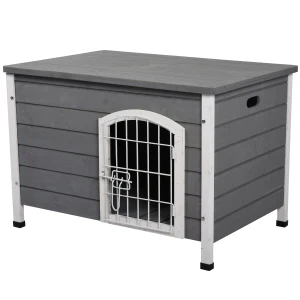 PawHut Wooden Dog Crate, Lockable Kennel for Small Animals, Openable Top, Durable Pet House, Grey
