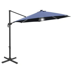 Outsunny 3(m) Cantilever Roma Parasol Garden Sun Umbrella Outdoor Patio with LED Solar Light Cross Base 360Â° Rotating, Blue