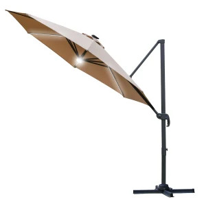 Outsunny 3(m) Cantilever Roma Parasol Garden Sun Umbrella with LED Solar Light Cross Base 360Â° Rotating, Brown