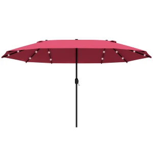 Outsunny 4.4m Double-Sided Sun Umbrella Garden Parasol Patio Sun Shade Outdoor with LED Solar Light, NO BASE INCLUDED, Wine Red