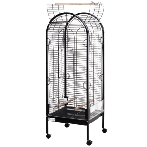 PawHut Gaiola para Pássaros com 3 Poleiros de Madeira Amovíveis Bandeja Comedouros e Rodas com Travão 54x54x151 cm Preto