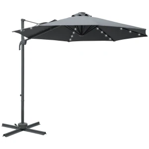 Outsunny 3(m) Square Outdoor Umbrella Patio Sun Umbrella with Crank & Tilt LED Solar Light Cross Base 360Â° Rotating Outdoor, Dark Grey