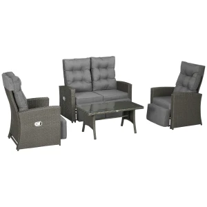 Outsunny 4 Piece Rattan Garden Furniture Sets, 4 Seater Outdoor Sofa Sectional w/Wicker Sofa, Reclining Armchair and Glass Table for Yard, Grey