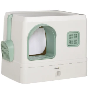 PawHut Hooded Cat Litter Box, Drawer Pan Design, Includes Scoop & Deodorants, Front Entrance, 50 x 40 x 40 cm, White