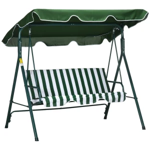 Outsunny 3 Seater Garden Swing Chair with Adjustable Canopy, Steel Frame, Padded Seat, Green 