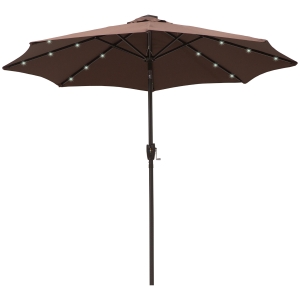 Outsunny Φ2.7m Garden 24 LED Light Parasol Solar Outdoor Tilt Sun Umbrella Patio Club Party Event Manual Sun Shade w/Hand Crank 8 Ribs Brown/Coffee