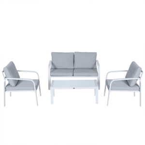 Outsunny 4pcs Garden Furniture Set with 2 Armchair, 1 Bench & 1 Glass Top Coffee Table Aluminum Frame Patio Sofa Set with Cushions, White