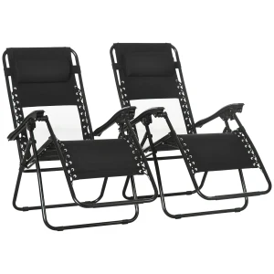 Outsunny Set of 2 Garden Recliners, Foldable Zero Gravity Outdoor Chair Set with Footrest & Removable Headrest, Black