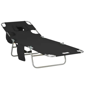 Outsunny Beach Chaise Lounge, Foldable Sun Lounger with Reading Hole, Adjustable Backrest & Side Pocket, Black