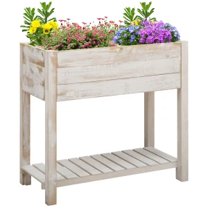 Outsunny Elevated Wooden Planter, Garden Raised Bed with 2 Tiers, 4 Pockets for Vegetable, Flower, Herb Gardening, Backyard Patio, White