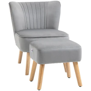 HOMCOM Velvet Accent Chair with Ottoman, Occasional Tub Seat, Curved Back, Wood Frame, Light Grey