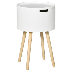 HOMCOM White Modern Side Table with Hidden Storage, Round Night Stand, Wood Frame End Coffee Table with Removable Tray