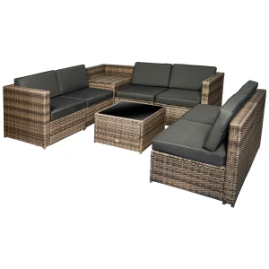 Outsunny 6-Seater Outdoor Rattan Wicker Sofa Set with Hidden Storage Side Table and Cushions, Mixed Brown