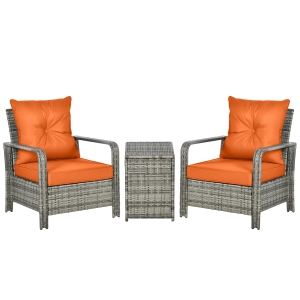 Outsunny 3 Pieces Rattan Bistro Set, Wicker Garden Furniture Set with Storage 
 Coffee Table and Chairs, Thickened Cushions for Outdoor, Patio, Balcony, Orange