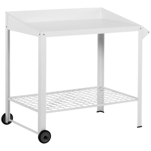 Outsunny Metal Potting Bench Table, Garden Planting Workstation Push Cart with Wheels and Side Hanger, White