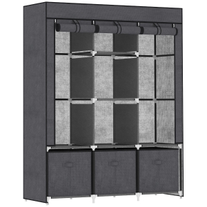 HOMCOM Fabric Wardrobe for Bedroom, Portable Wardrobe with 5 Shelves, 2 Hanging Rails and 3 Fabric Drawers, Foldable Closet, 125 x 43 x 162.5cm, Dark Grey
