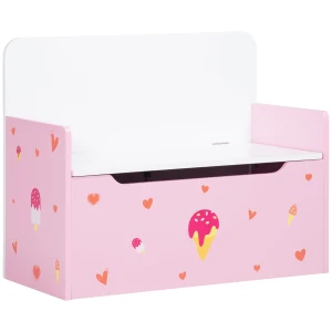 ZONEKIZ 2-in-1 Children's Wooden Toy Box and Bench, Storage Chest with Safety Pneumatic Rod, Pink