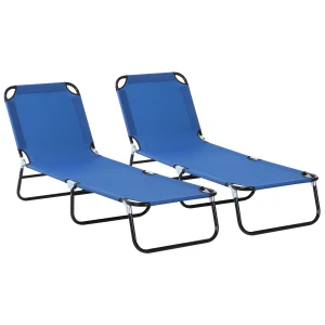 Outsunny Portable Sun Lounger Set, 2 Pieces, 5-Position Adjustable Backrest, Foldable & Lightweight for Beach, Blue