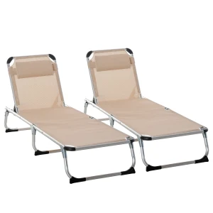 Outsunny Foldable Sun Lounger Set with Pillow, Adjustable Recliner, Aluminium Frame, Camping Cot, Khaki