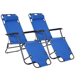 Outsunny 2 Pieces Foldable Sun Loungers with Adjustable Back, Outdoor Reclining Garden Chairs with Pillow and Armrests, Blue