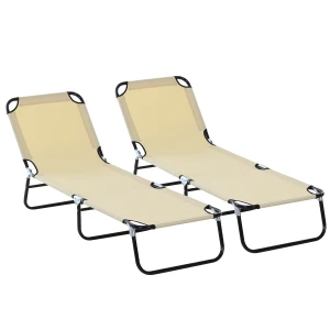 Outsunny Foldable Sun Lounger Set, 5-Position Adjustable Backrest, Portable Recliner, Lightweight, Beige