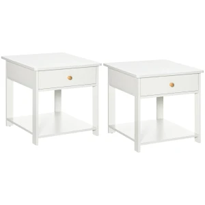 HOMCOM Bedside Table with Drawer and Bottom Shelf, Square Side End Table for Bedroom, Living Room, White, Set of 2