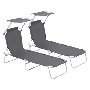 Outsunny Foldable Sun Lounger Set with Shade Canopy, Adjustable Backrest, Mesh Fabric, Patio Recliner, Grey