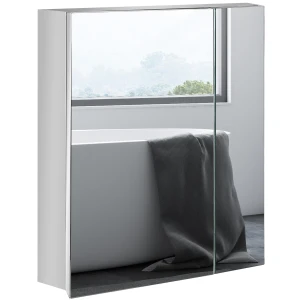 Kleankin Wall Mounted Mirror Cabinet, Medicine Storage with Hinged Door, Shelves for Bathroom, Laundry Room, 60W x 14.5D x 49.5H cm, White