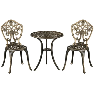 Outsunny 3 Piece Cast Aluminium Garden Bistro Set for 2 with Parasol Hole, Outdoor Coffee Table Set, Two Armless Chairs and Round Coffee Table