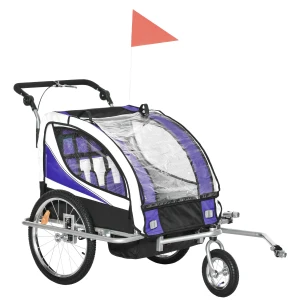 HOMCOM Child Bike Trailer Baby Bicycle Trailer 360Â° Rotatable for 2 Kids with Steel Frame LED Purple