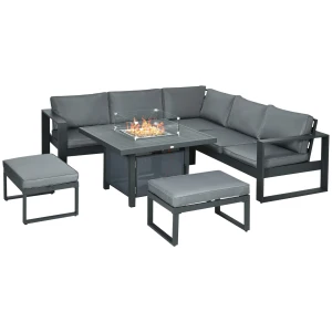 Outsunny 6-Piece Aluminium Garden Furniture Set, Outdoor Corner Sofa, Loveseat, Footstool, Sectional with Gas Fire Pit Table, Grey
