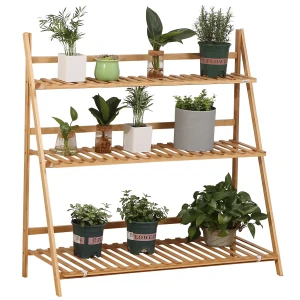 Outsunny Bamboo Plant Stand, 3-Tier Folding Plant Shelf Rack, Display Stand, 98x37x96.5cm, Natural