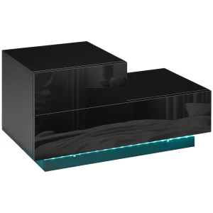 HOMCOM Bedside Table with High Gloss Front, Nightstand with RGB LED Light, Remote Control, and Drawers for Bedroom Storage, Black