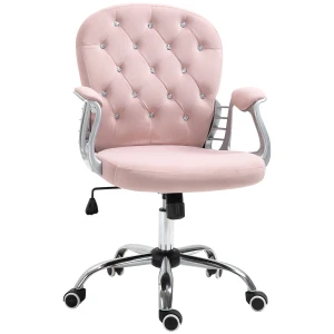 Vinsetto Ergonomic Desk Chair 360Â° Swivel Diamond Tufted Home Work Velour Padded Base 5 Castor Wheels, Pink