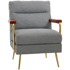 HOMCOM Fauteuil in retrodesign, accentstoel, pied-de-poulepatroon, houten elementen, binnenvering, zwart+wit
