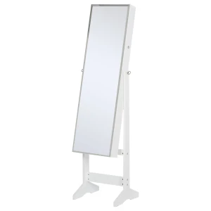 HOMCOM Jewelry Cabinet Standing Mirror Full Length Makeup Lockable Armoire Storage Organizer White