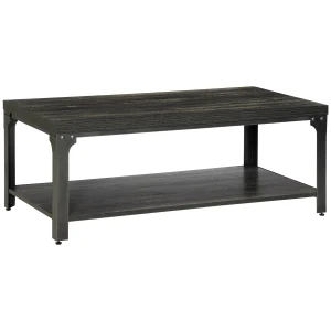 HOMCOM Rustic Coffee Table with Storage Shelf, Cocktail Table with Steel Frame and Thickened Top for Living Room, Dark Walnut