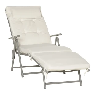 Outsunny Garden Sun Lounger, Foldable Reclining Chair with Pillow, Texteline Fabric, Adjustable Backrest, Cream White