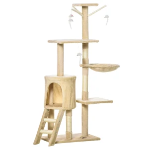 PawHut Deluxe Cat Tree House, 131cm Tall, with Scratching Posts and Cosy Perches, Sturdy Beige