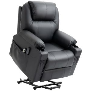 HOMCOM Fotel z funkcją pomocniczą do wstawania, fotel z masażem, regulowane oparcie, 8 trybów masażu, elegancka skóra ekologiczna, czarny, 88 x 99 x 106 cm
