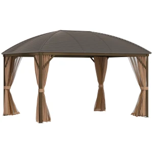 Outsunny 4 x 3(m) Patio Aluminium Gazebo Hardtop Metal Roof Canopy Party Tent Garden Outdoor Shelter with Mesh Curtains & Side Walls, Brown