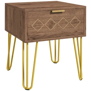 HOMCOM Modern Wooden Bedside Table with Drawer, Stylish Sofa Side Table with Gold Tone Metal Legs for Bedroom or Living Room