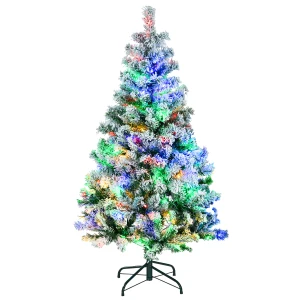 HOMCOM 4.5' Artificial Snow Christmas Trees with Frosted Branches, Warm White or Colourful LED Lights, Steel Base