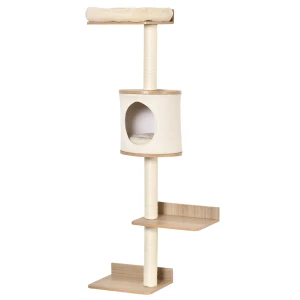 PawHut Cat Tree for Indoor Cats Wall-Mounted Cat Shelf Shelter Kitten Perch Climber Furniture w/ Condo Bed Scratching Post â€“ Beige