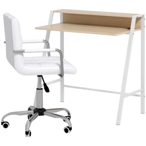 HOMCOM Office Chair and Desk Set, Faux Leather Swivel Chair, Study Desk with Storage Shelf, White.